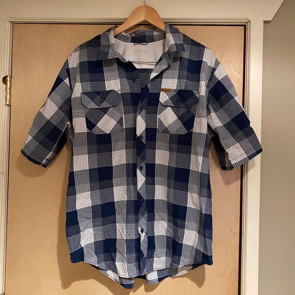 Orvis Men's Blue and White Plaid Button-Down Shirt